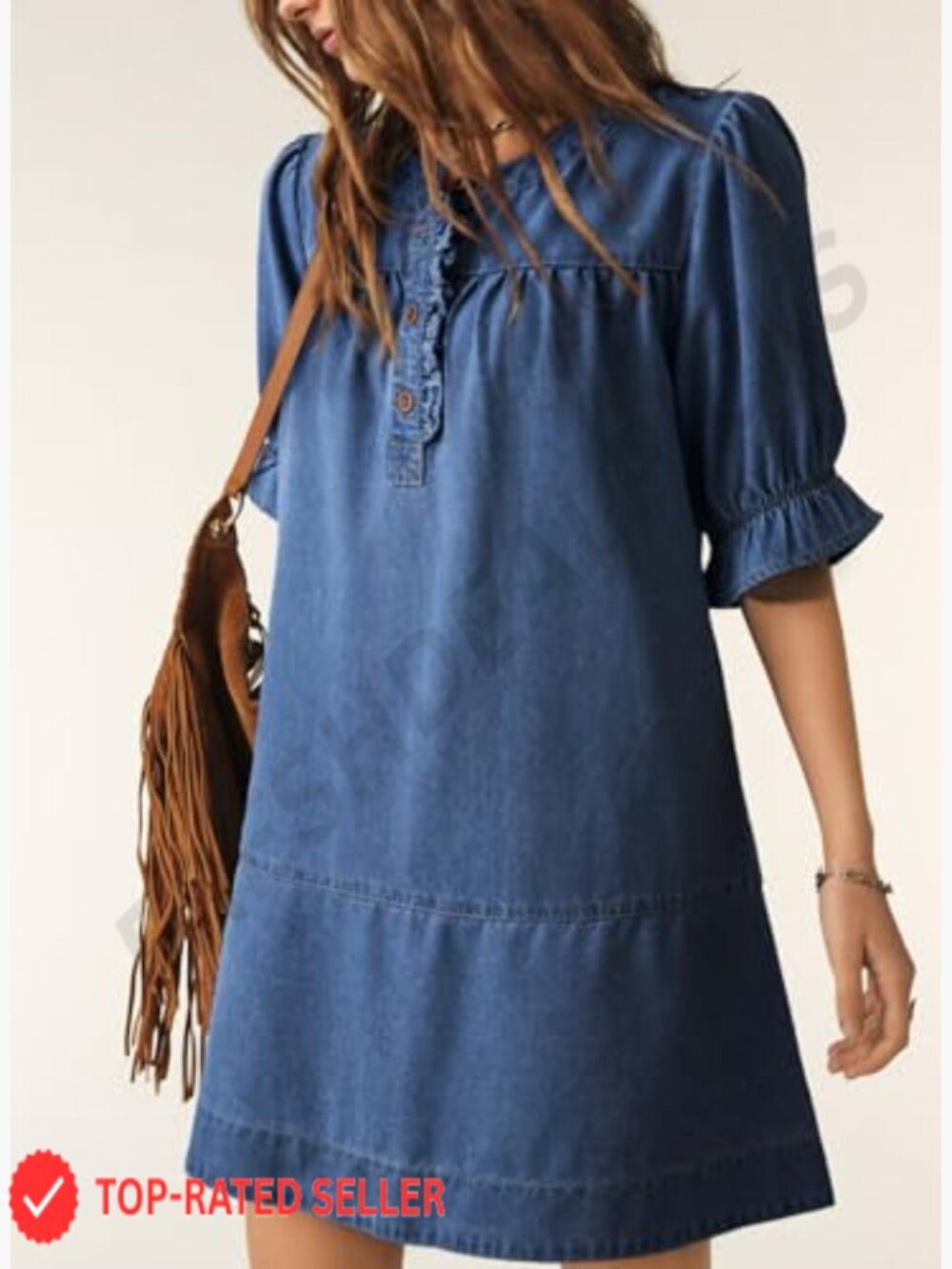 Denim Babydoll Dress with Ruffle Short Sleeves Casual Button Front Mini Dress - Picture 2 of 7